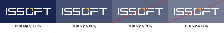 Blue Navy 100%, 80%, 70%, 60% 배경에 적용한 ISSOFT 로고. 70%, 60%는 사용 금지