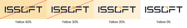 Yellow 40%, 30%, 20%, 0% 배경에 적용한 ISSOFT 로고. 40%, 30%는 사용 금지