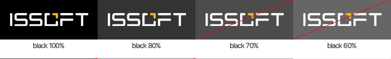 Black 100%, 80%, 70%, 60% 배경에 적용한 ISSOFT 로고. 70%, 60%는 사용 금지